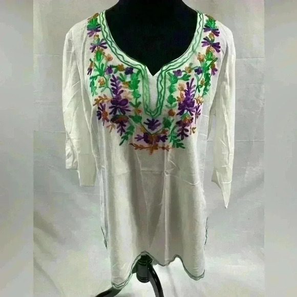 Sahiba Embroidered Half Sleeve Split Hem Shirt Blouse Medium - Picture 1 of 6